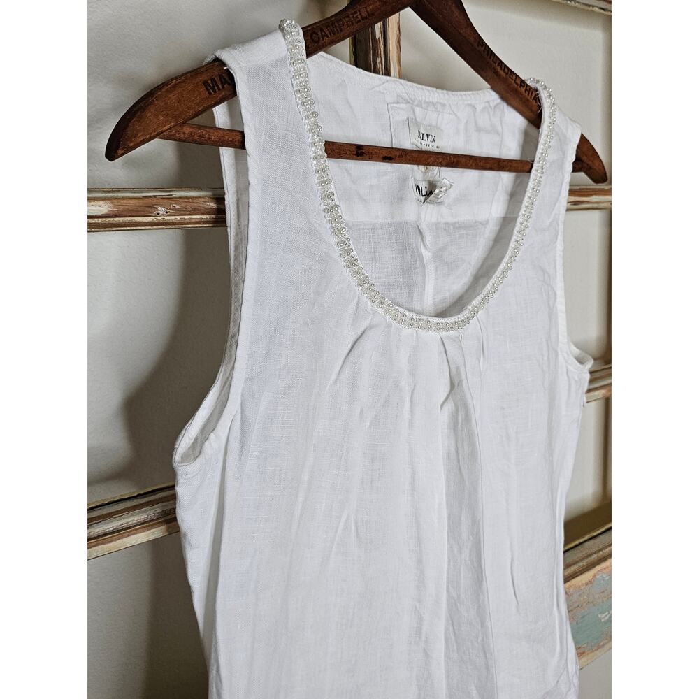 Linen Dress White Drop Waist Pearl Accents by Malvin Germany Ladies size Small - Picture 5 of 11